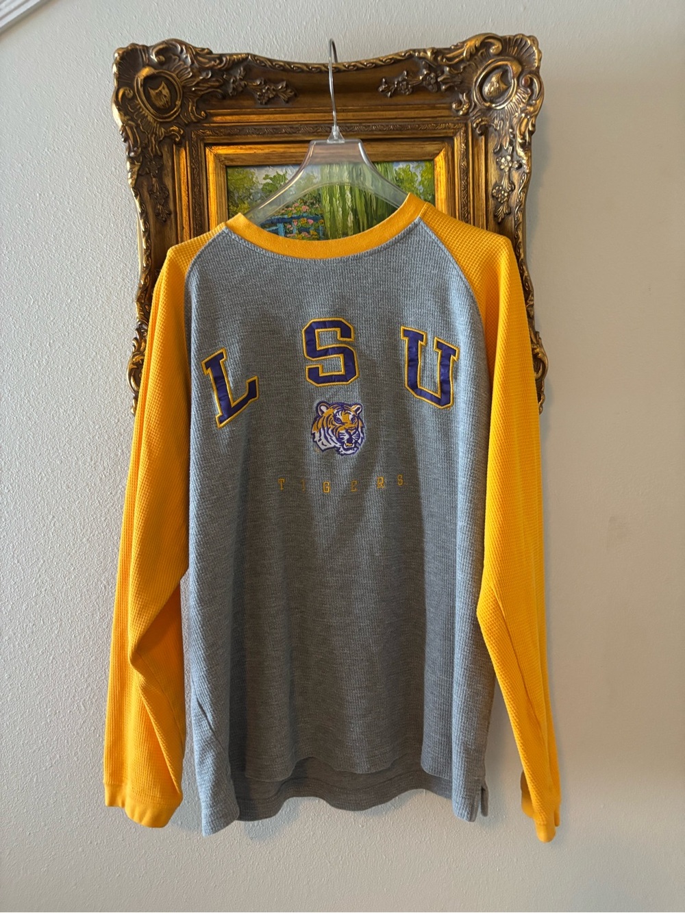 LSU Women's Long Sleeve Raglan Tee in Gray and Gold